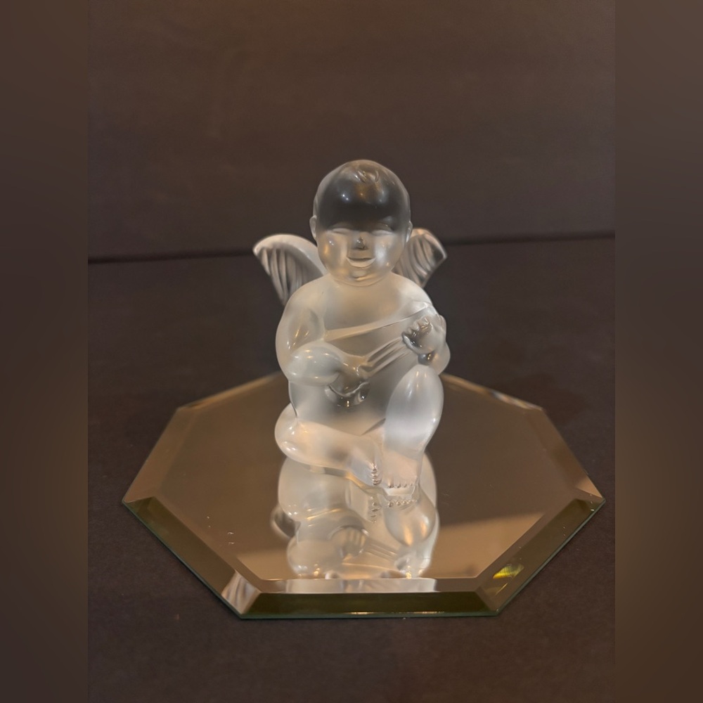 Lalique France Frosted Crystal Angel Playing Lyre Cherub Figurine Signed 3”